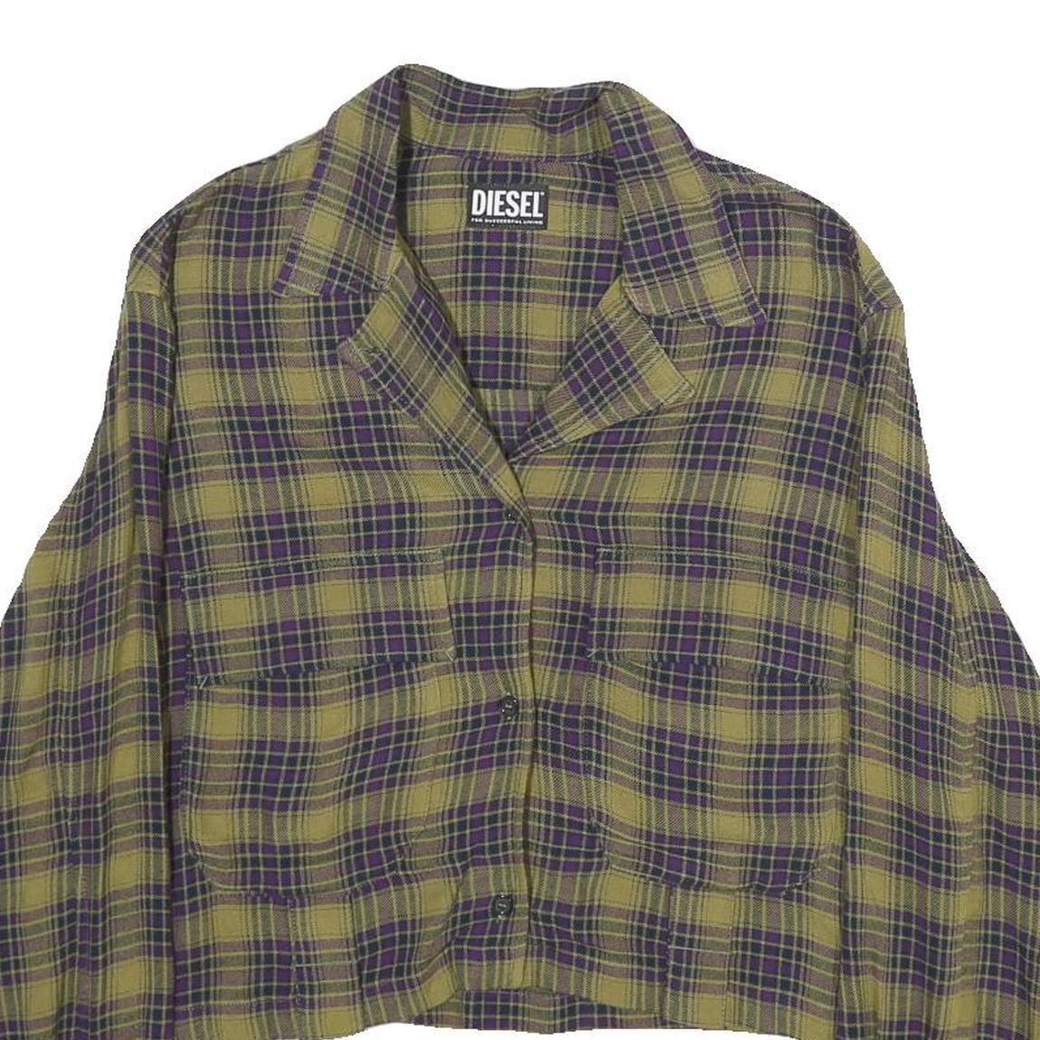 DIESEL Womens Green & Purple Checked Shirt M Cropped Button Front Casual