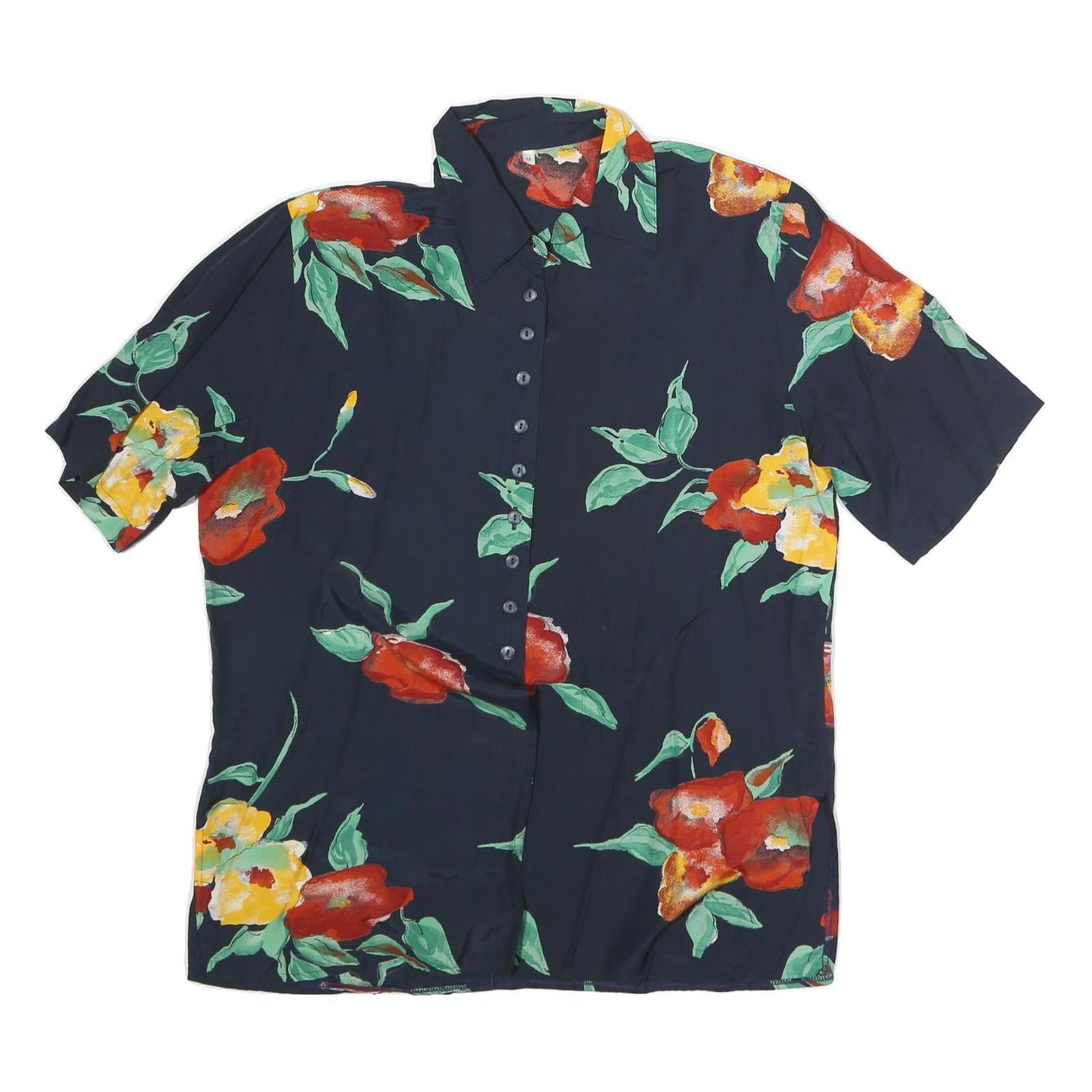 Womens Navy Blue & Red Floral Printed Shirt Short Sleeve Collared M Polyester