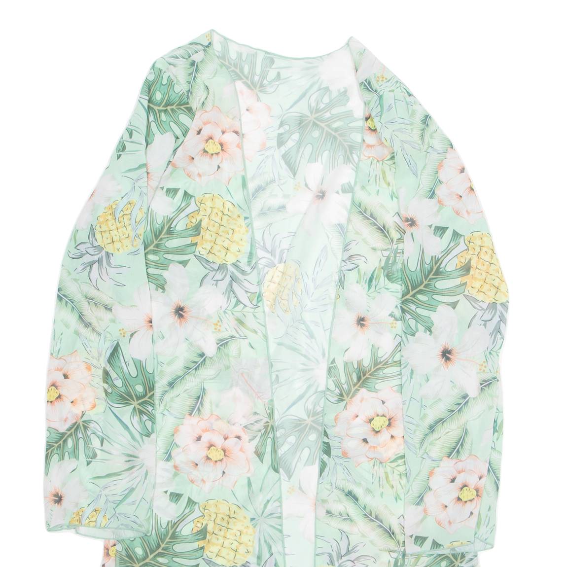Top Womens Kimono Blouse Green Long Sleeve Floral M