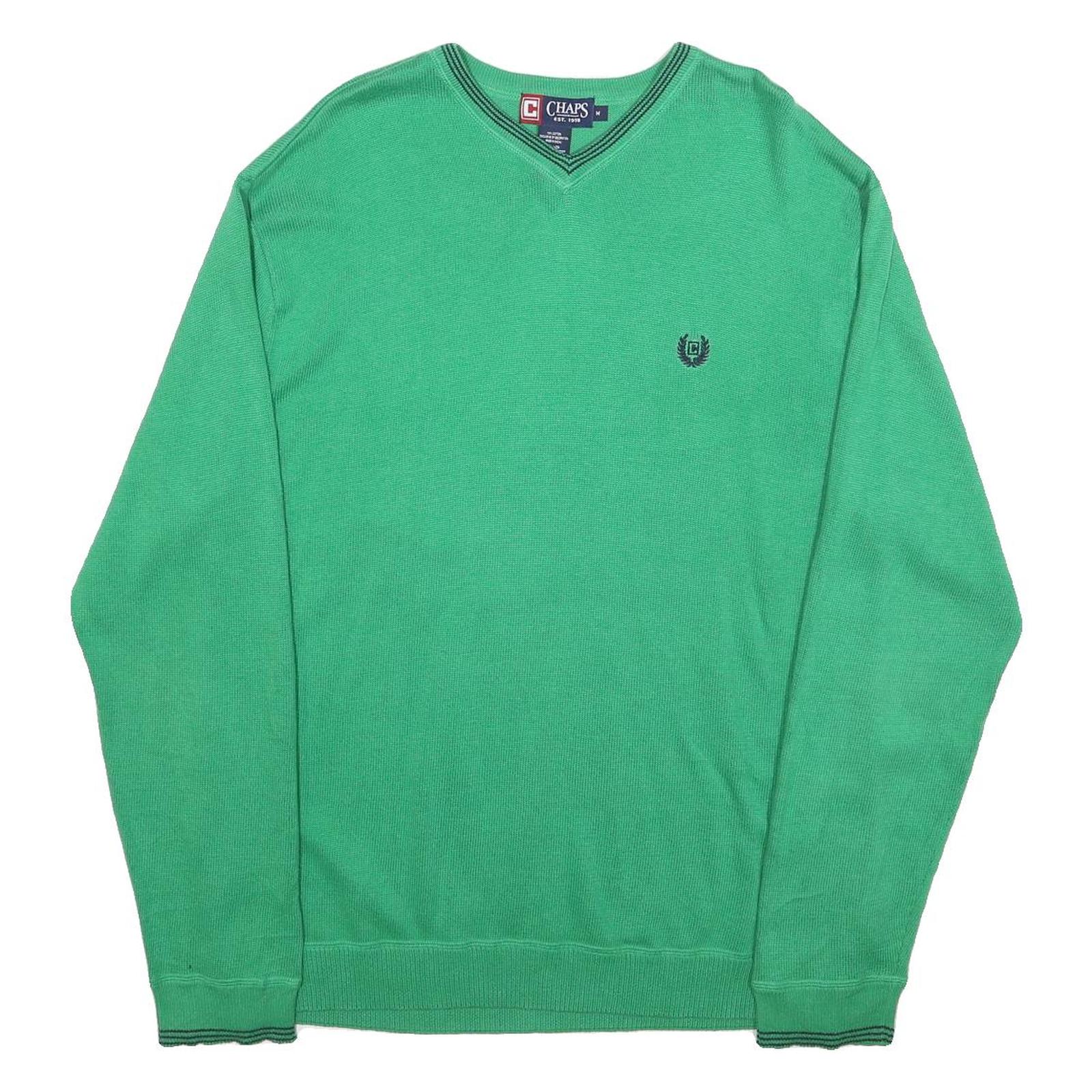 CHAPS Mens Green Plain V-Neck Basic Knit Jumper M Cotton Lightweight Classic