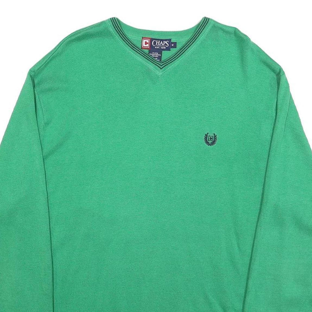 CHAPS Mens Green Plain V-Neck Basic Knit Jumper M Cotton Lightweight Classic
