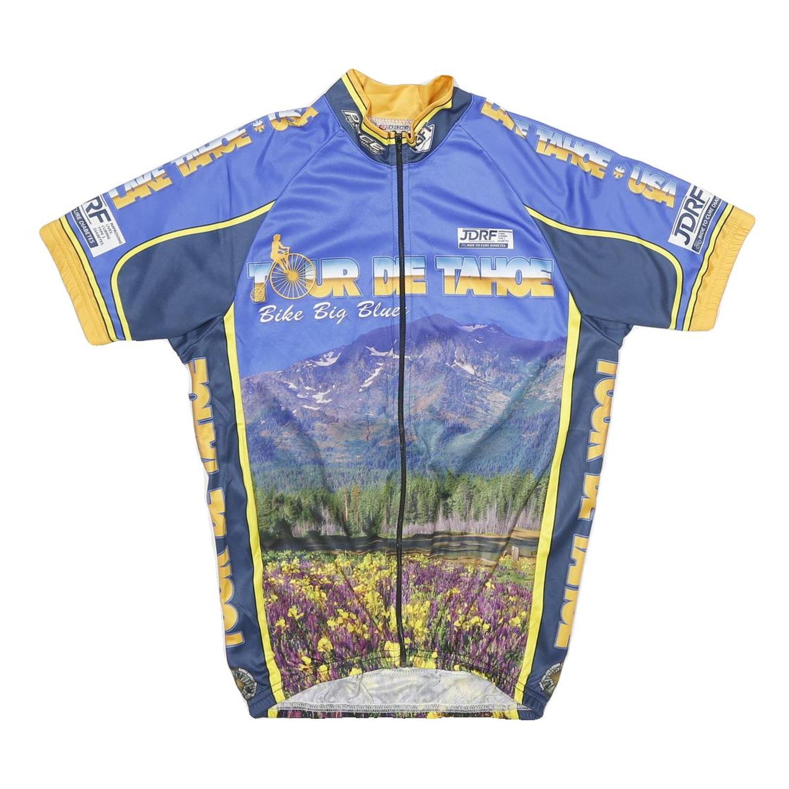 PACE Mens Blue Yellow Tour De Tahoe Cycling Jersey S Short Sleeve Zip Neck