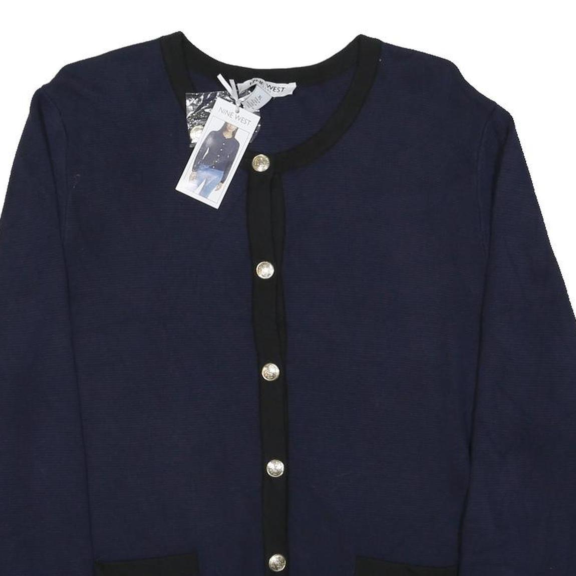 NINE WEST Womens Blue & Black Plain Cotton Blend Jumper Button Neck Basic Knit