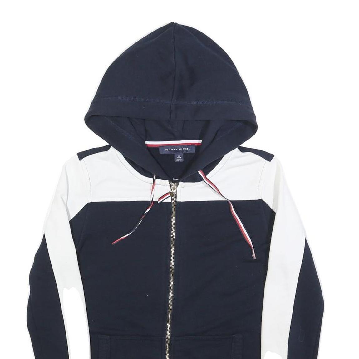 TOMMY HILFIGER Womens Navy & White Zip Up Hoodie S Designer Casual Sweatshirt
