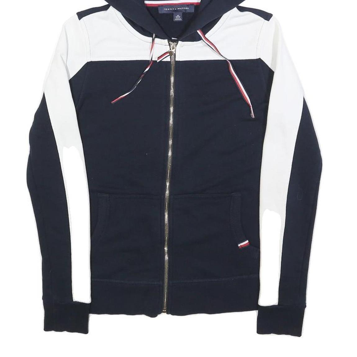 TOMMY HILFIGER Womens Navy & White Zip Up Hoodie S Designer Casual Sweatshirt