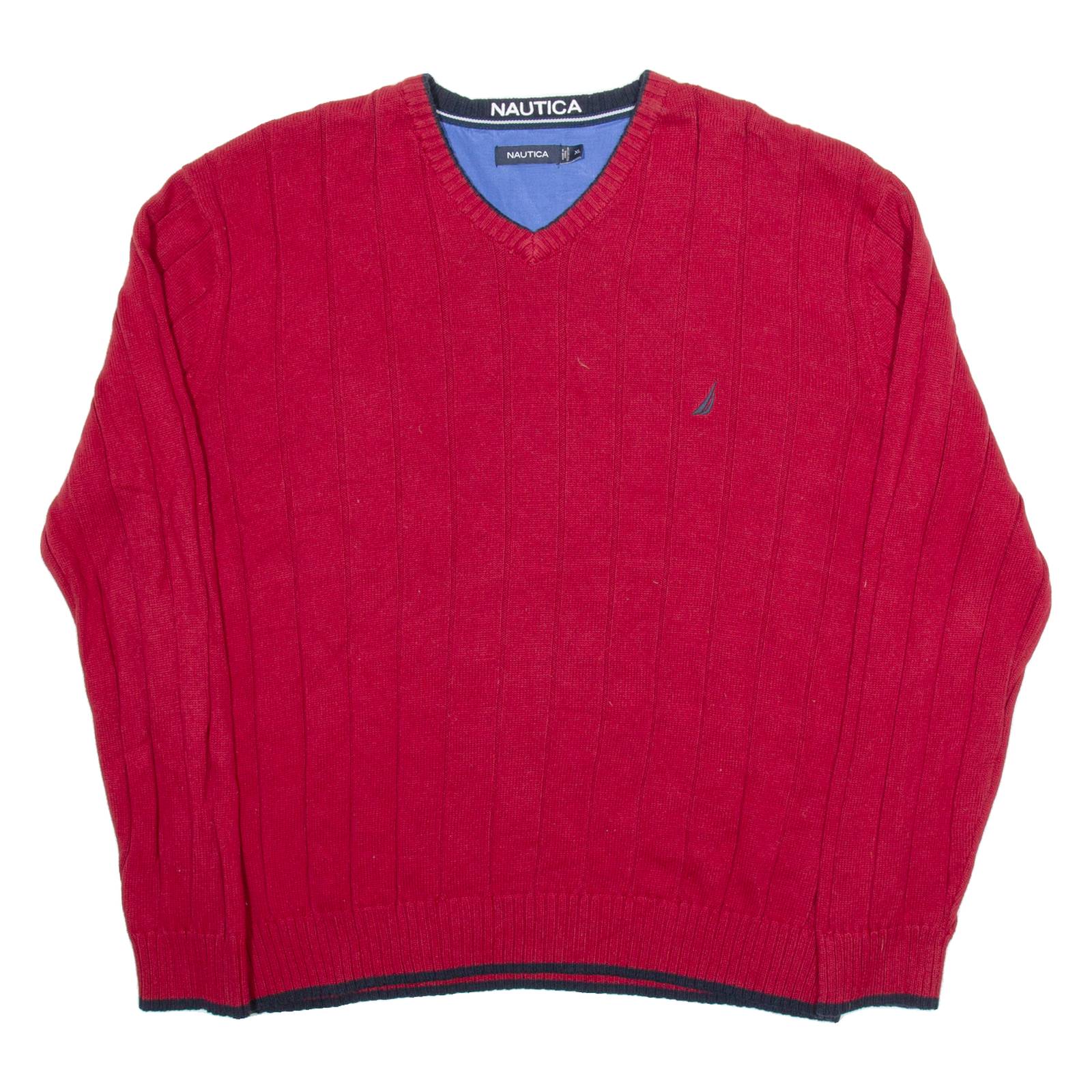 NAUTICA Mens Jumper Red V-Neck Tight Knit XL