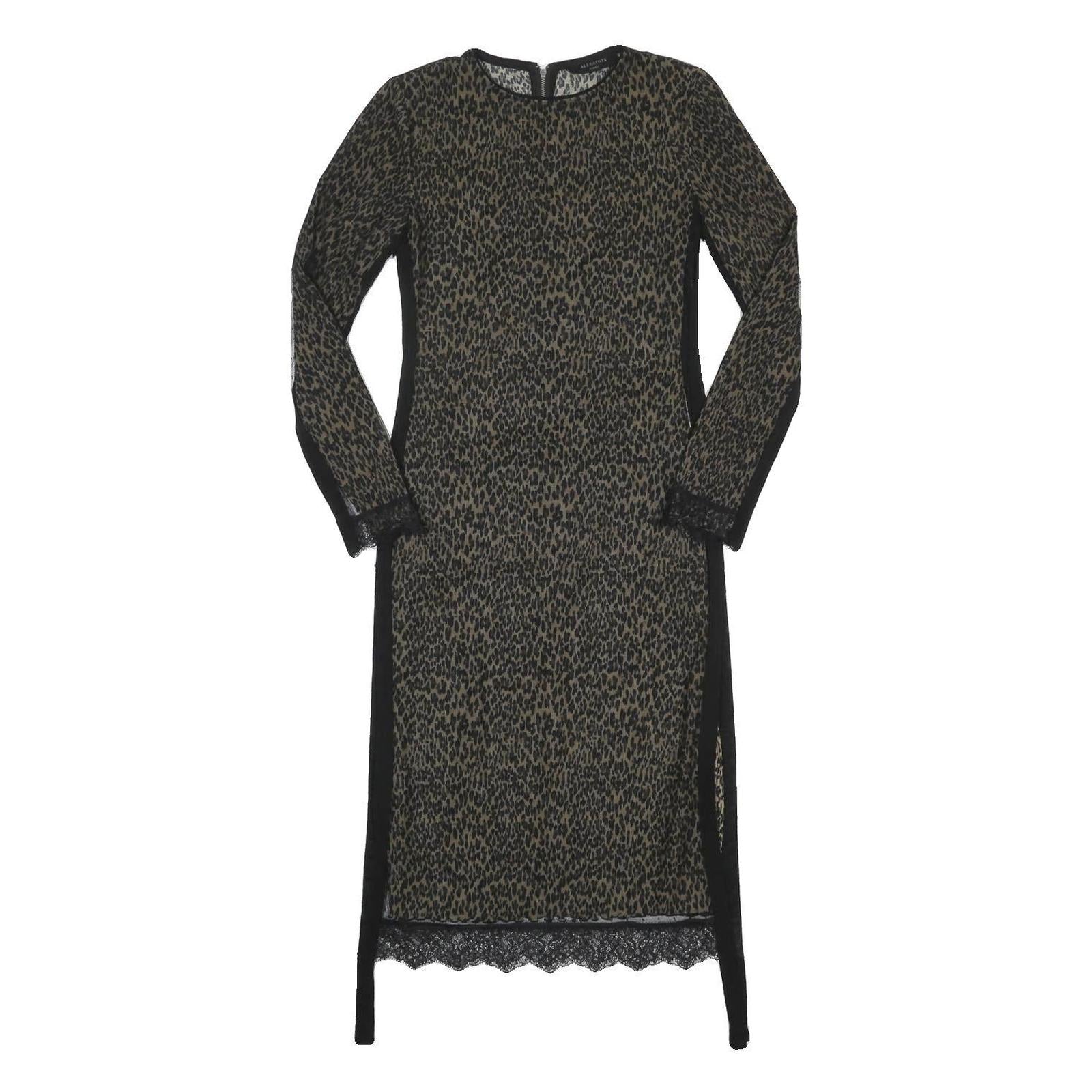 ALL SAINTS Womens Black Animal Print Midi Dress Polyester Long Sleeve S Lace