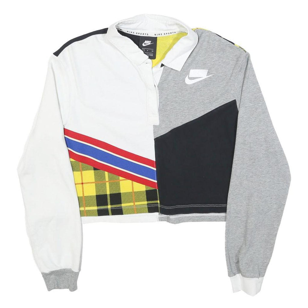 NIKE Womens White & Grey Yellow Plaid Colourblock Long Sleeve Polo Shirt S