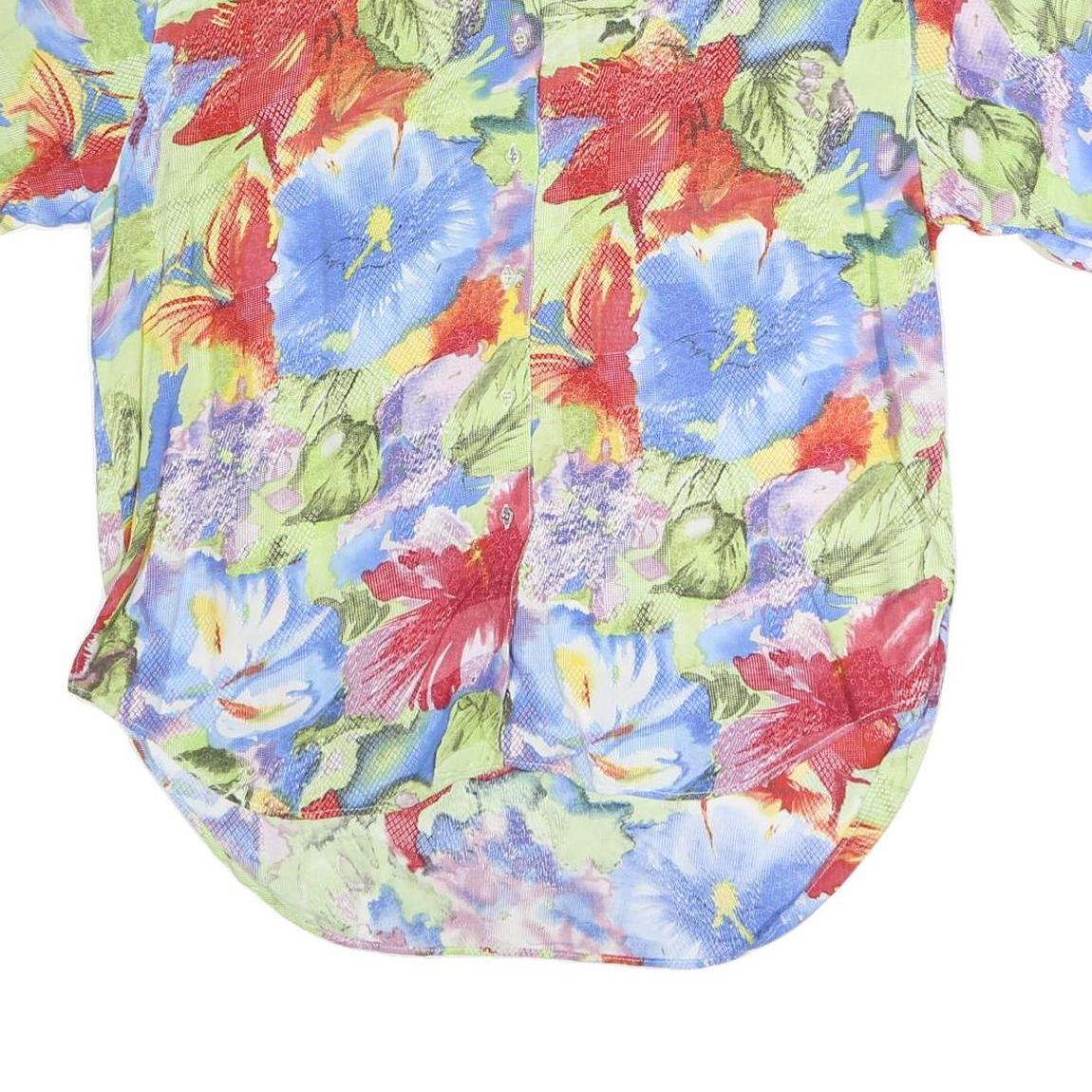 Womens Green Red Blue Floral Print Cotton Blend Shirt Short Sleeve Collared XL