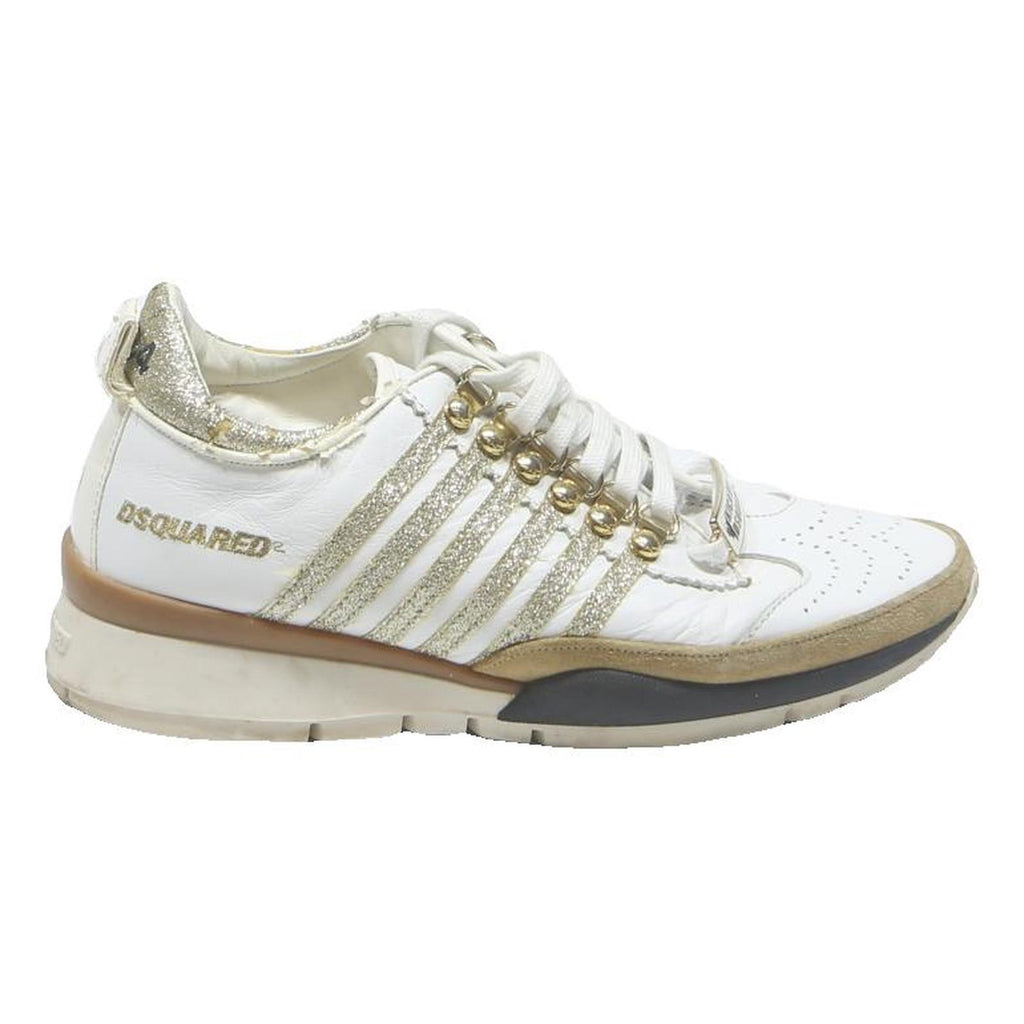 DSQUARED2 Womens Low Top Trainers Gold & White Leather UK 6 Designer Footwear