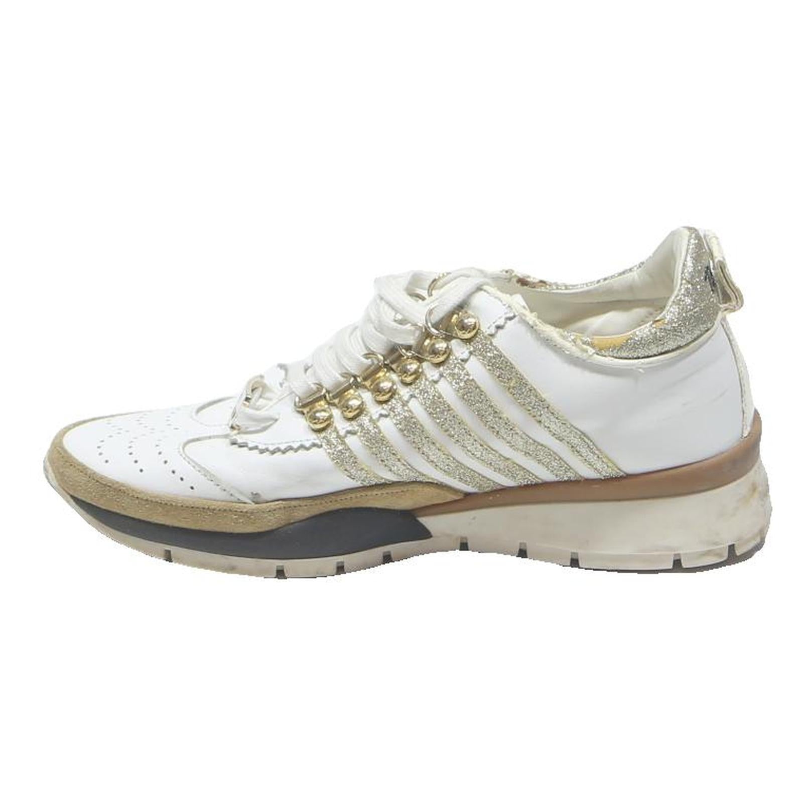 DSQUARED2 Womens Low Top Trainers Gold & White Leather UK 6 Designer Footwear