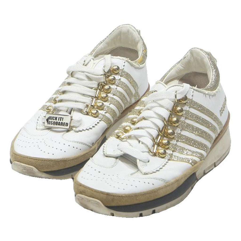 DSQUARED2 Womens Low Top Trainers Gold & White Leather UK 6 Designer Footwear