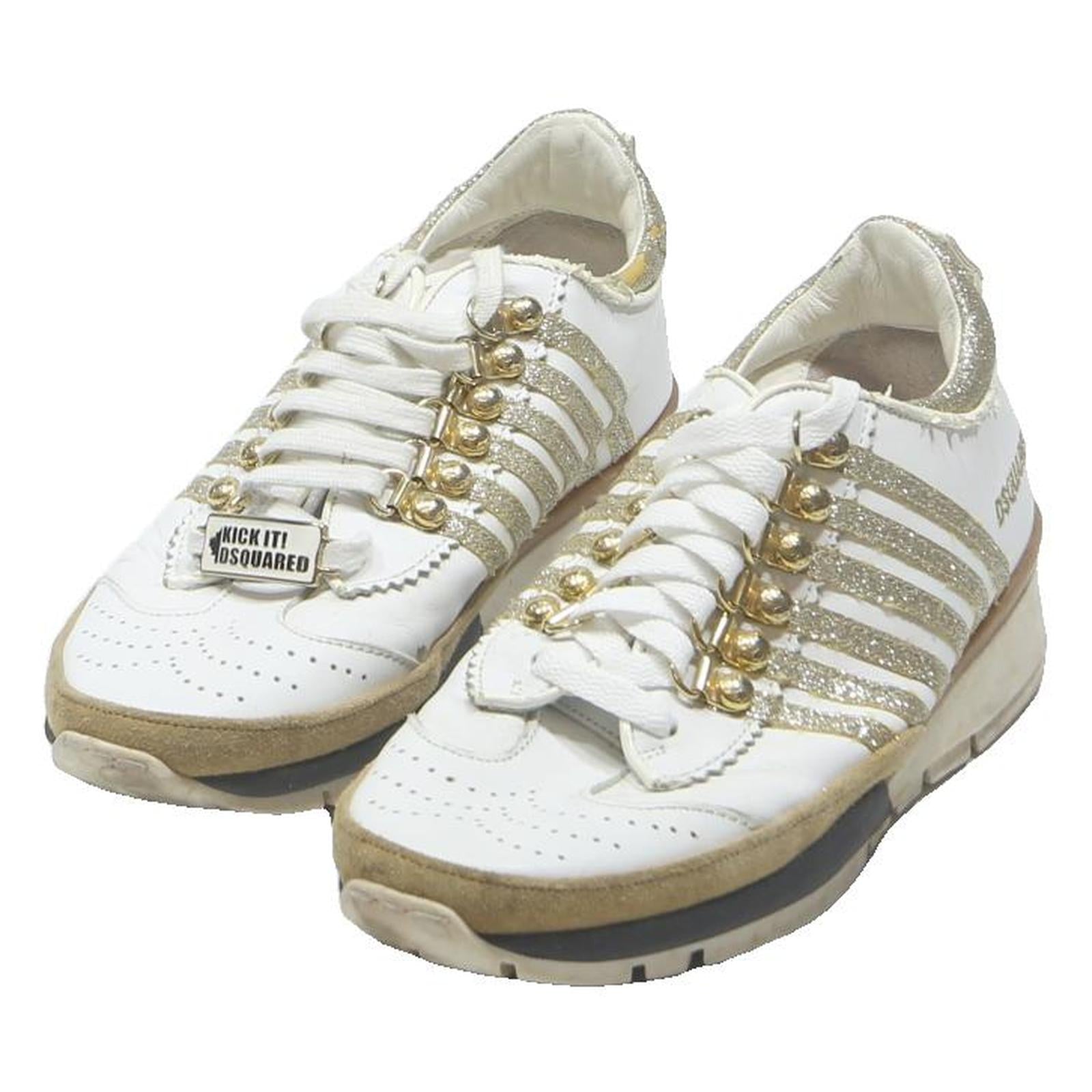 DSQUARED2 Womens Low Top Trainers Gold & White Leather UK 6 Designer Footwear