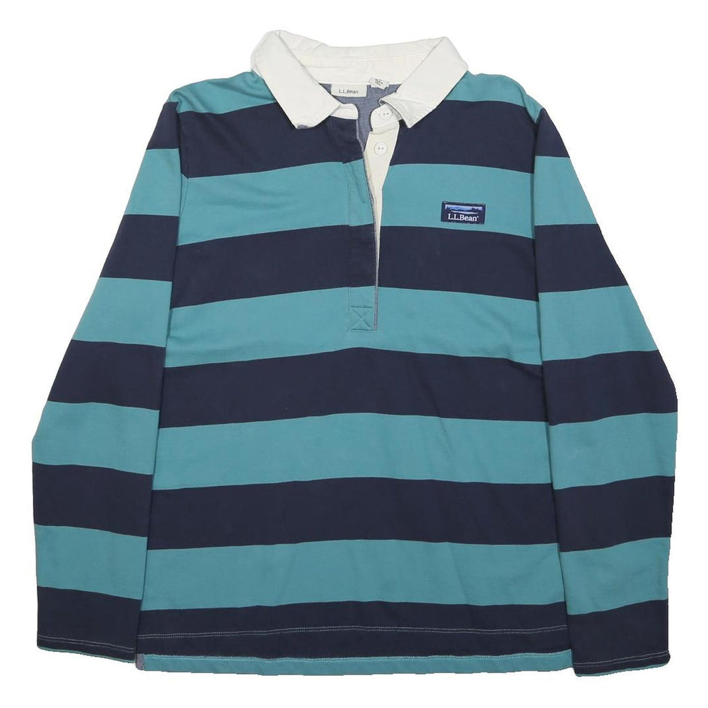 LL BEAN Mens Blue & Navy Striped Long Sleeve Polo Shirt L Cotton Casual
