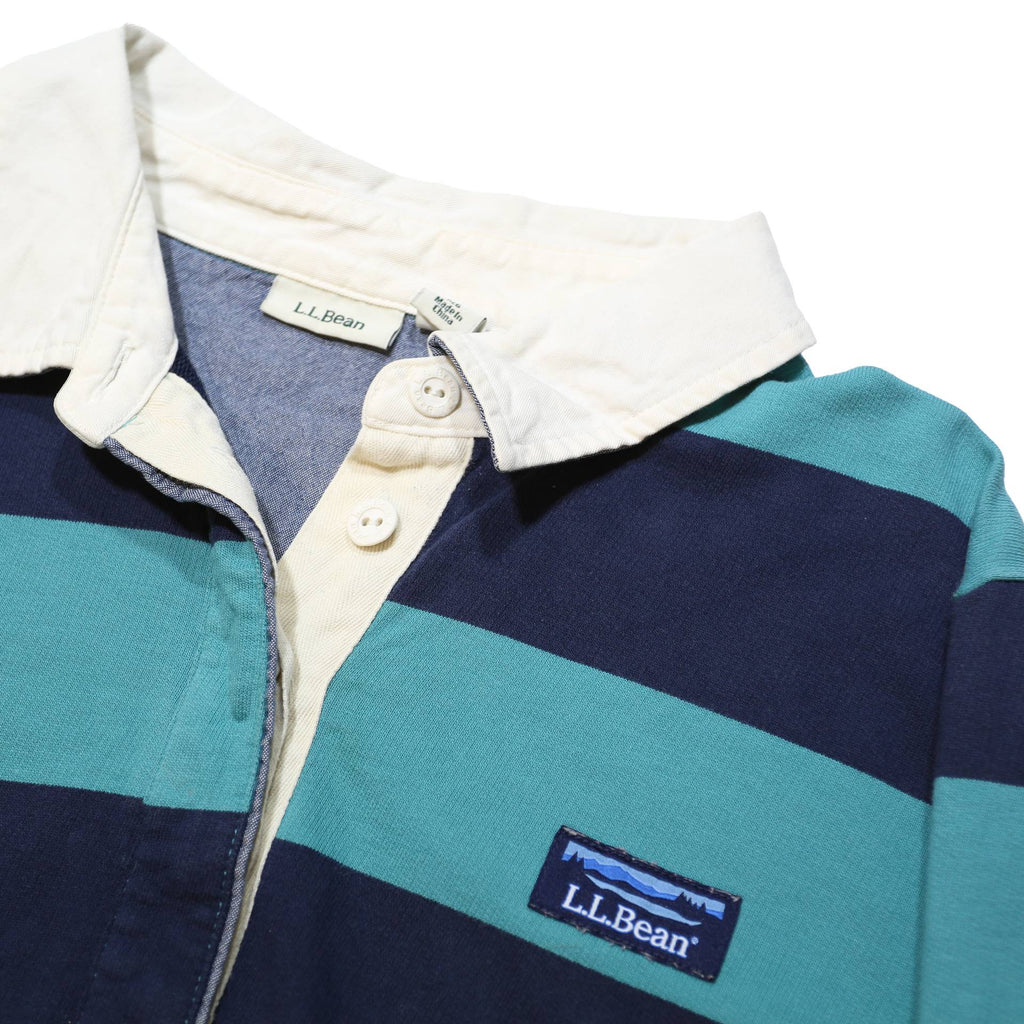 LL BEAN Mens Blue & Navy Striped Long Sleeve Polo Shirt L Cotton Casual