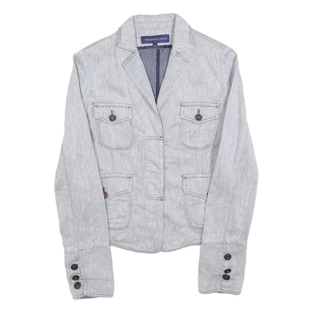 TRUSSARDI Womens Grey Linen Blend Tailored Jacket XS Button Detail