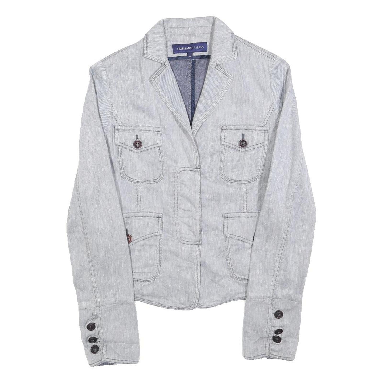 TRUSSARDI Womens Grey Linen Blend Tailored Jacket XS Button Detail