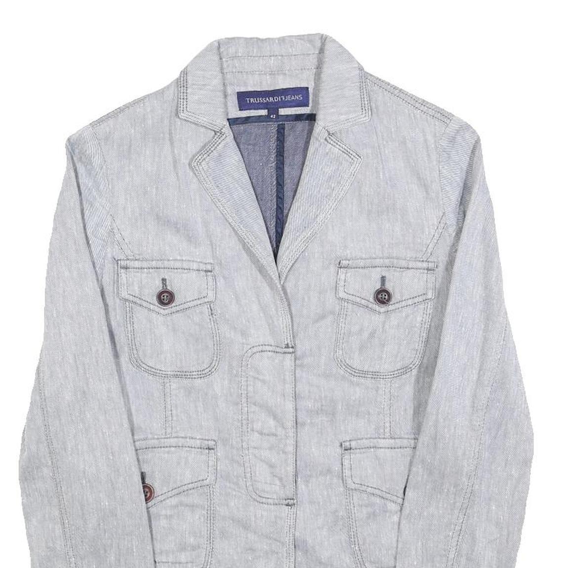 TRUSSARDI Womens Grey Linen Blend Tailored Jacket XS Button Detail
