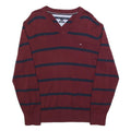TOMMY HILFIGER Mens Maroon & Navy Striped Pattern V-Neck Basic Knit L Jumper