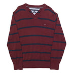 TOMMY HILFIGER Mens Maroon & Navy Striped Pattern V-Neck Basic Knit L Jumper