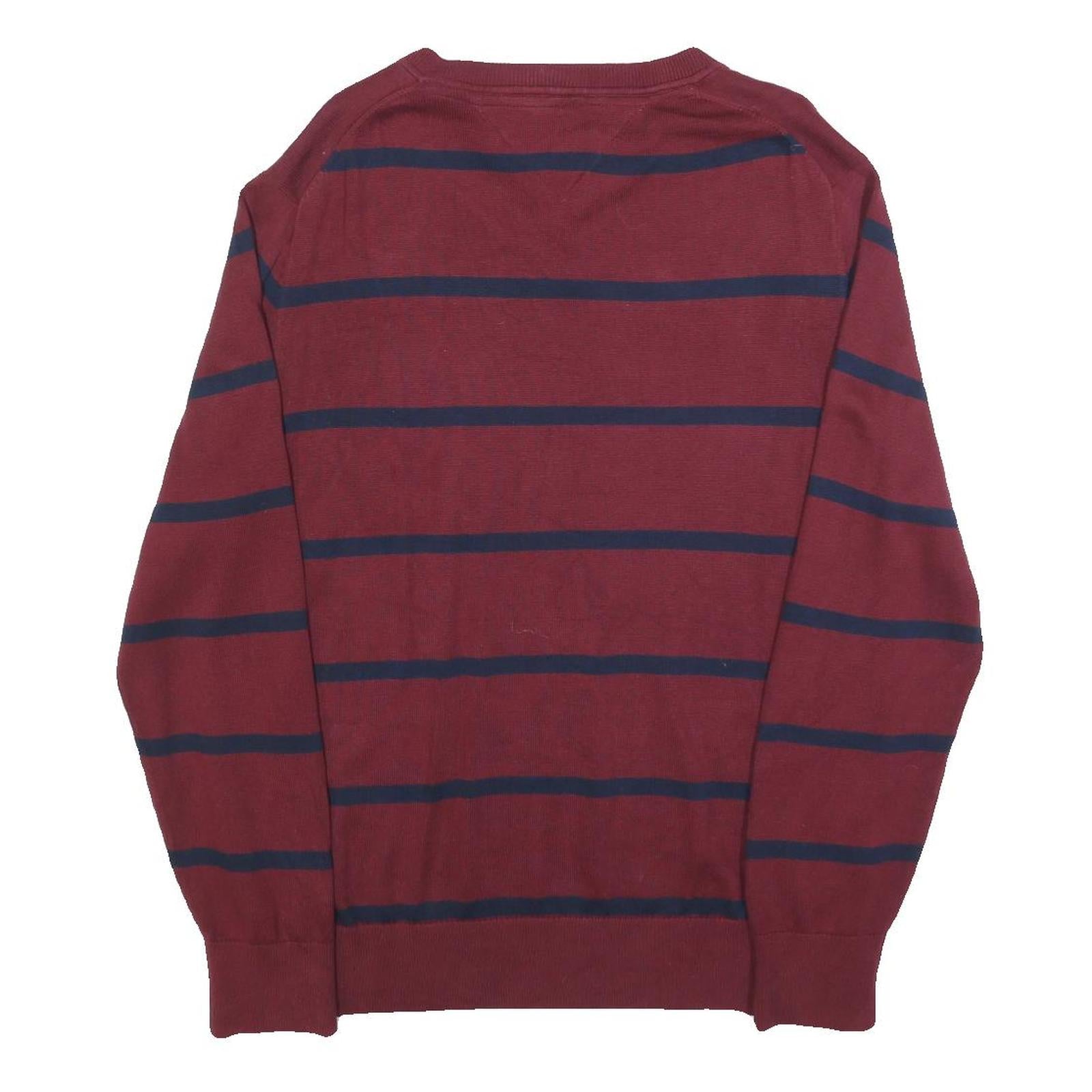 TOMMY HILFIGER Mens Maroon & Navy Striped Pattern V-Neck Basic Knit L Jumper