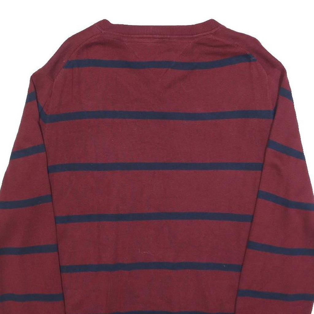 TOMMY HILFIGER Mens Maroon & Navy Striped Pattern V-Neck Basic Knit L Jumper