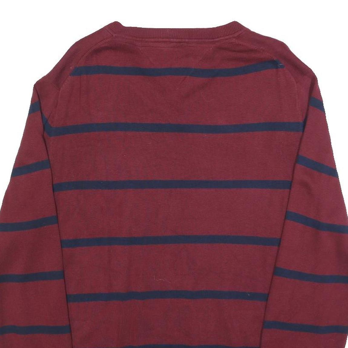 TOMMY HILFIGER Mens Maroon & Navy Striped Pattern V-Neck Basic Knit L Jumper