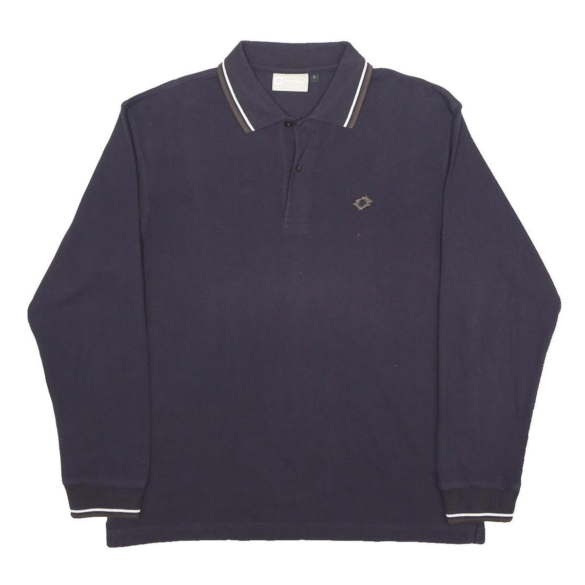 LOTTO Mens Navy Blue Long Sleeve Plain Polo Shirt L Classic Cotton Sportswear
