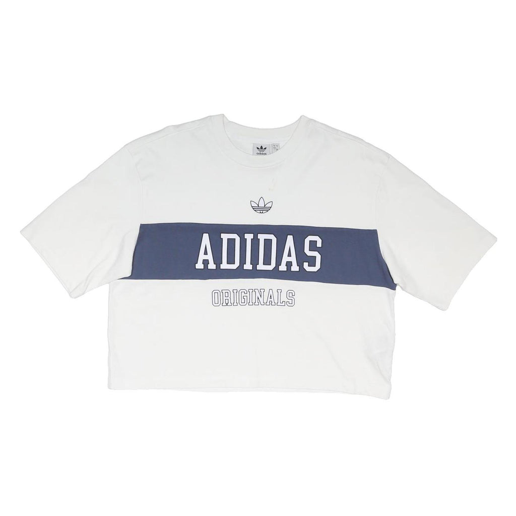 ADIDAS ORIGINALS Womens White & Navy Graphic T-Shirt UK 10 Short Sleeve Crew