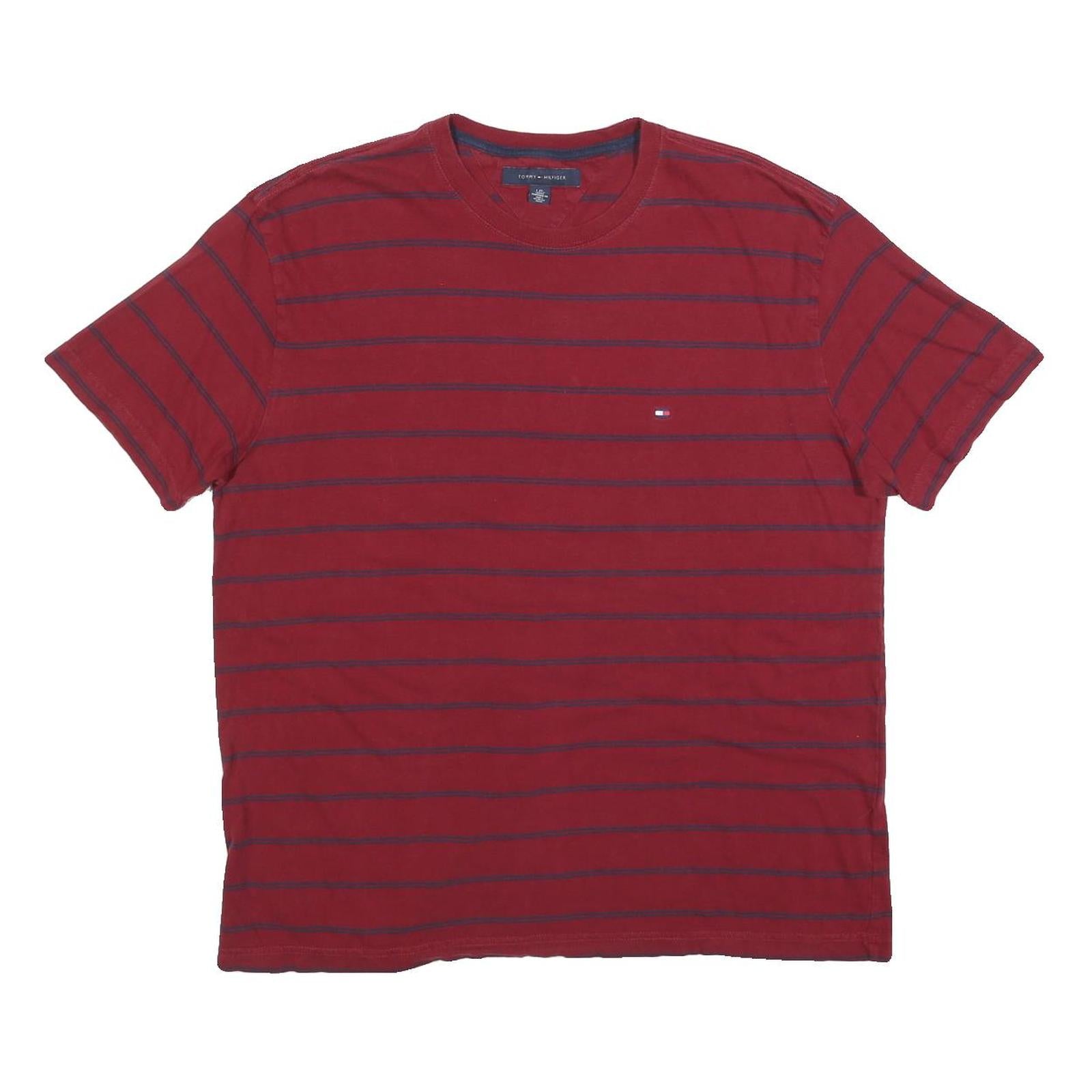 TOMMY HILFIGER Mens Red & Navy Stripe T-Shirt L Short Sleeve Crew Neck Cotton