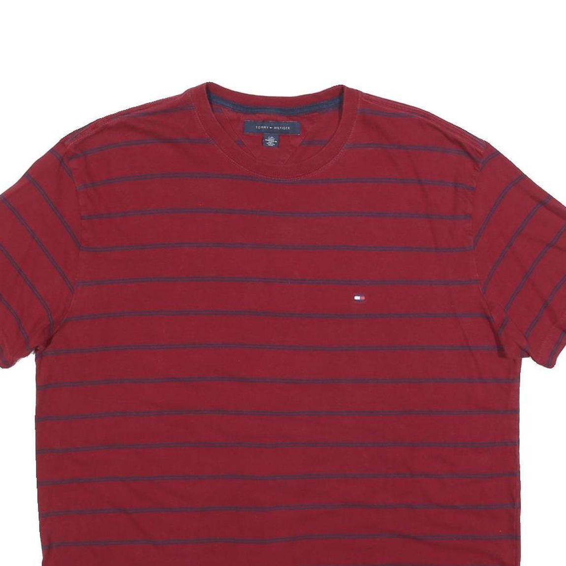 TOMMY HILFIGER Mens Red & Navy Stripe T-Shirt L Short Sleeve Crew Neck Cotton