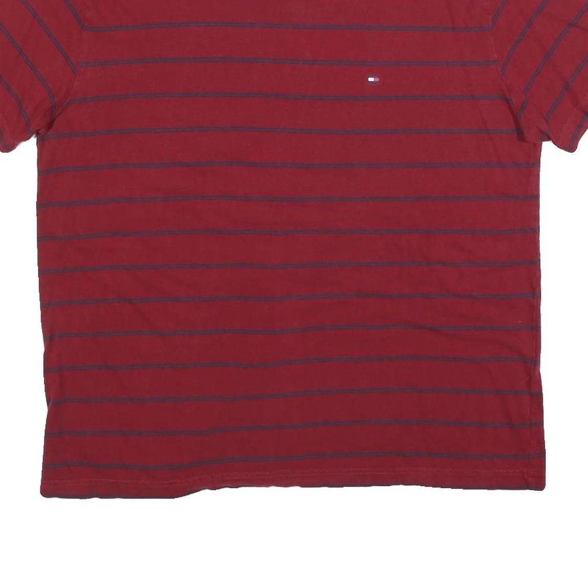 TOMMY HILFIGER Mens Red & Navy Stripe T-Shirt L Short Sleeve Crew Neck Cotton