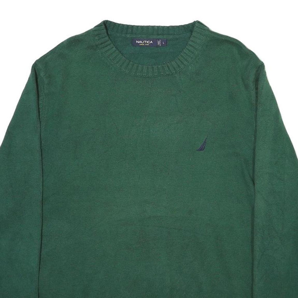 NAUTICA Mens Green Plain Crew Neck Basic Knit Jumper L Cotton Blend Casual