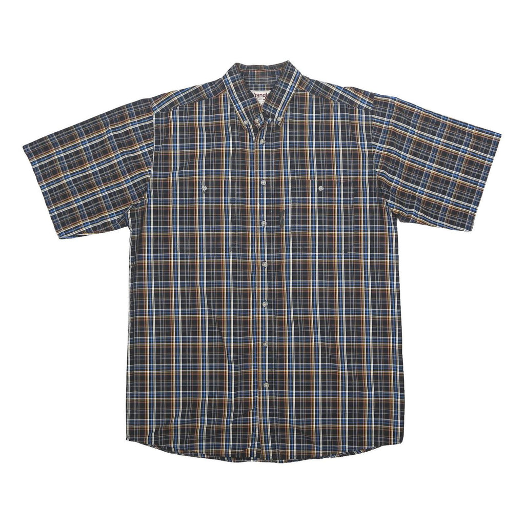 WRANGLER Mens Blue Brown Check Shirt L Short Sleeve Button-Down Casual Cotton