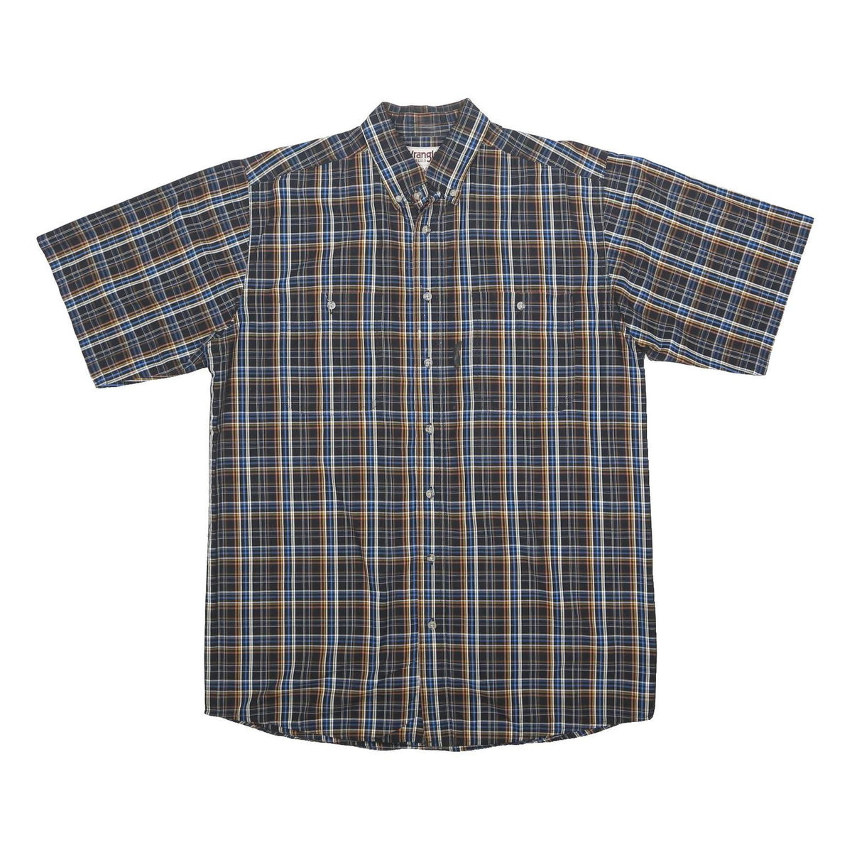 WRANGLER Mens Blue Brown Check Shirt L Short Sleeve Button-Down Casual Cotton