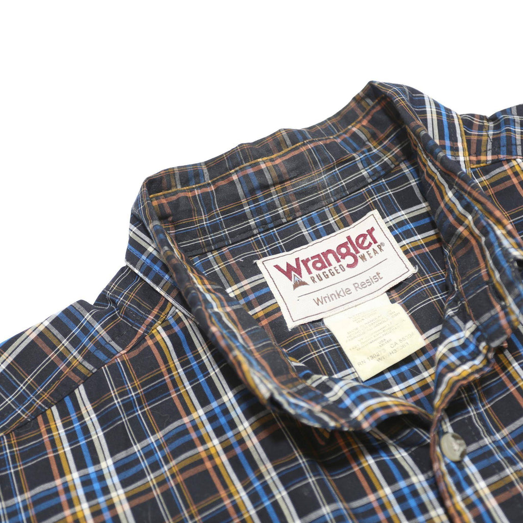 WRANGLER Mens Blue Brown Check Shirt L Short Sleeve Button-Down Casual Cotton