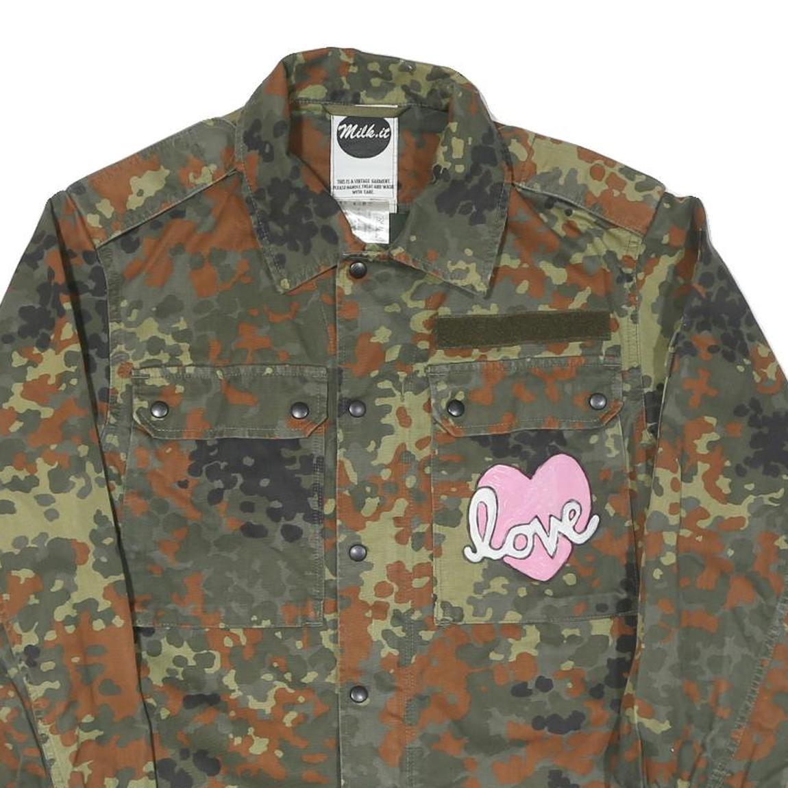 Womens Green Camouflage Love Patch Cotton Blend Shirt S Military Style Long