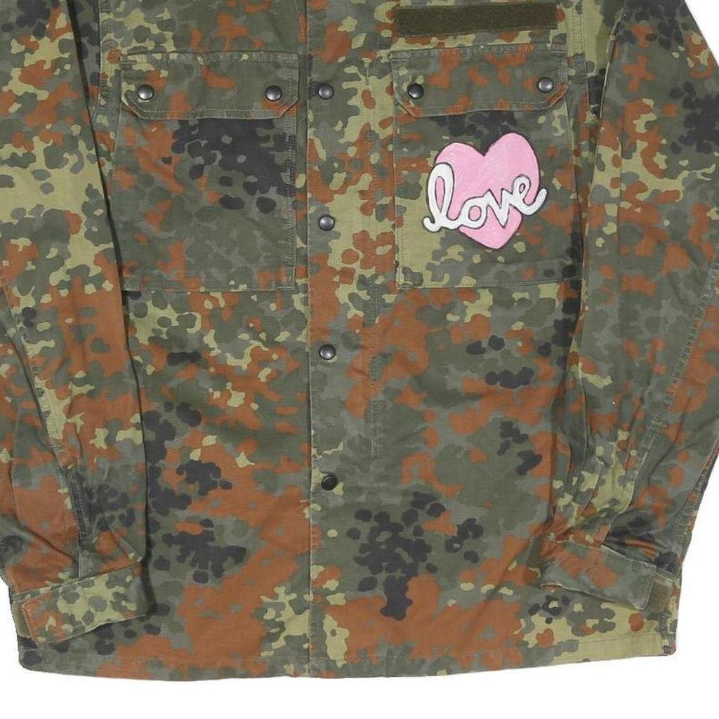 Womens Green Camouflage Love Patch Cotton Blend Shirt S Military Style Long