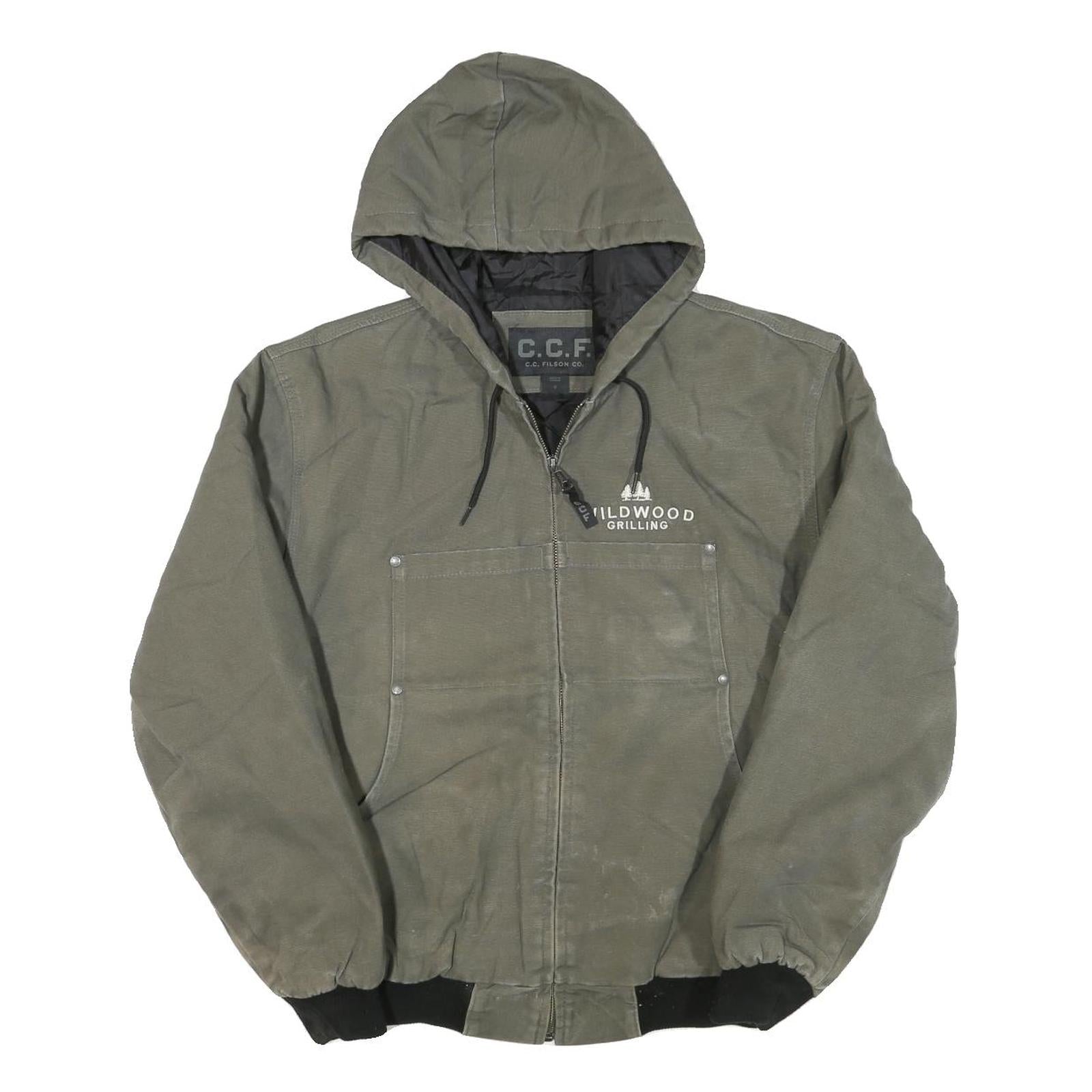 CCF Mens Green Cotton Blend Zip Hooded Jacket S Wildwood Grilling Logo