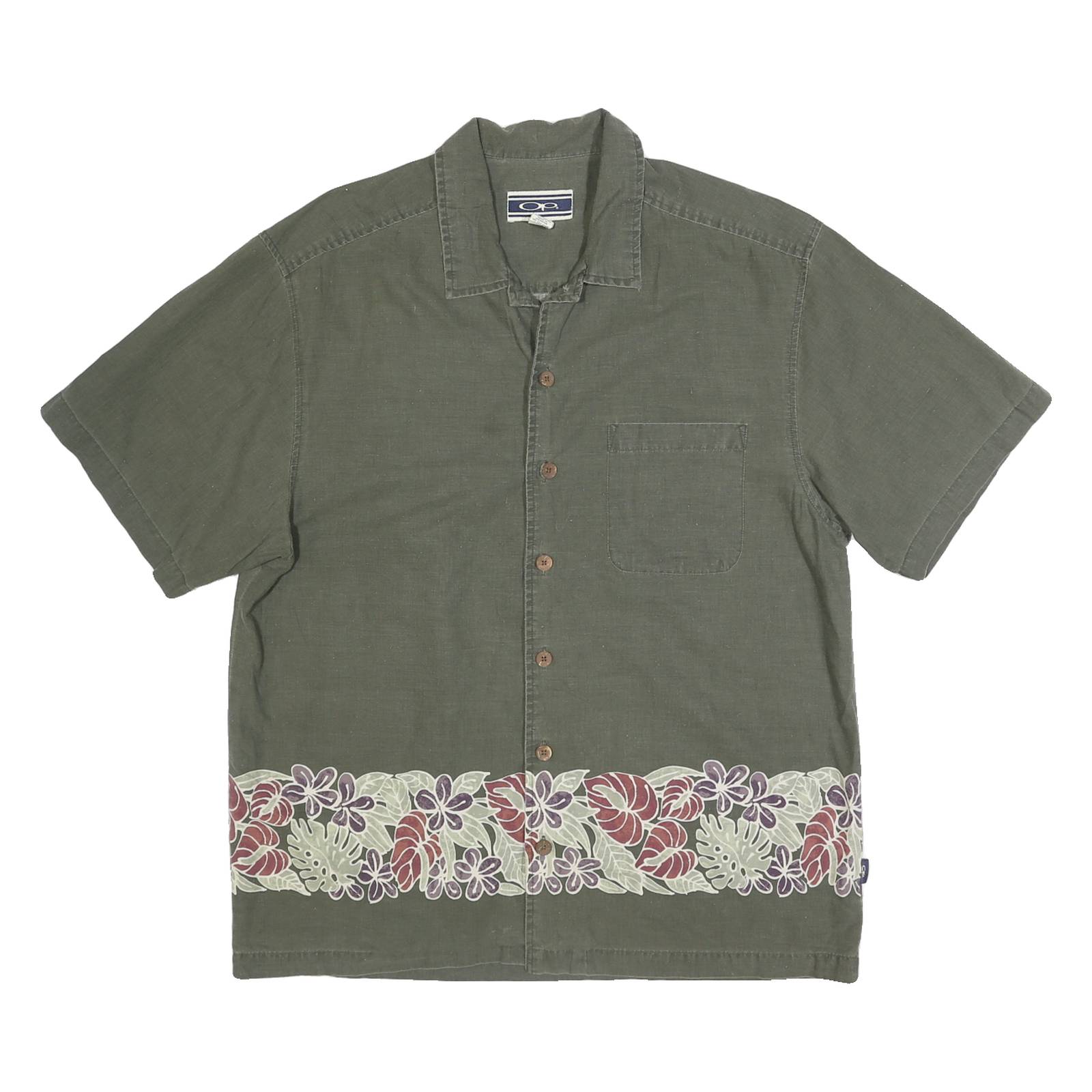 OP Mens Green Floral Border Cotton Shirt L Casual Short Sleeve Summer Style