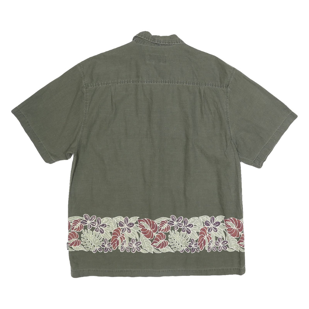 OP Mens Green Floral Border Cotton Shirt L Casual Short Sleeve Summer Style