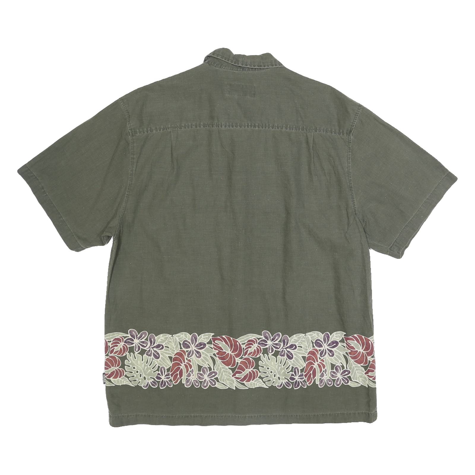 OP Mens Green Floral Border Cotton Shirt L Casual Short Sleeve Summer Style