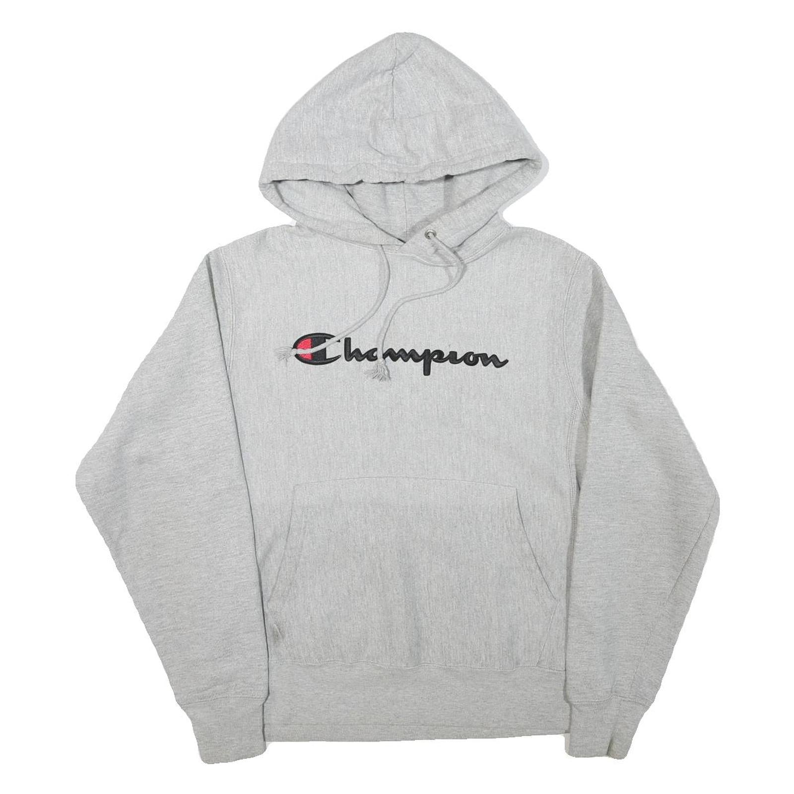 CHAMPION Mens Grey Pullover Hoodie S Classic Script Logo Cotton Blend Casual