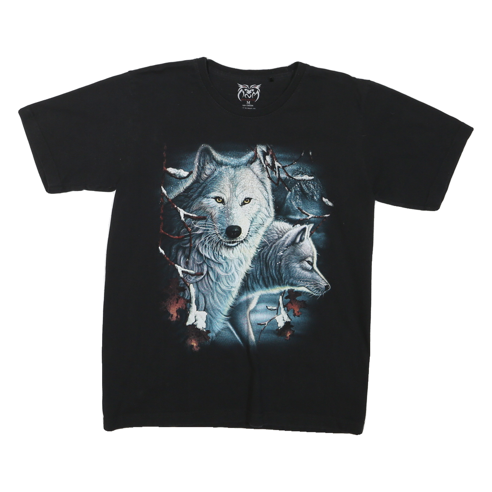 Mens Black Graphic T-Shirt M Short Sleeve Crew Neck Wolf Print Cotton Jersey