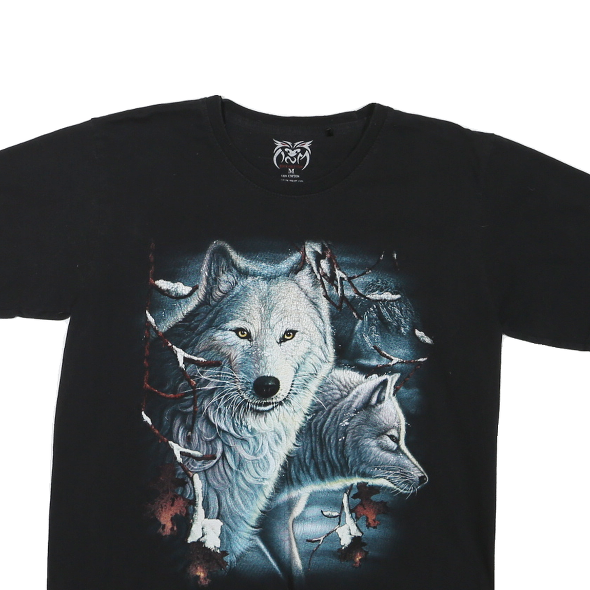 Mens Black Graphic T-Shirt M Short Sleeve Crew Neck Wolf Print Cotton Jersey