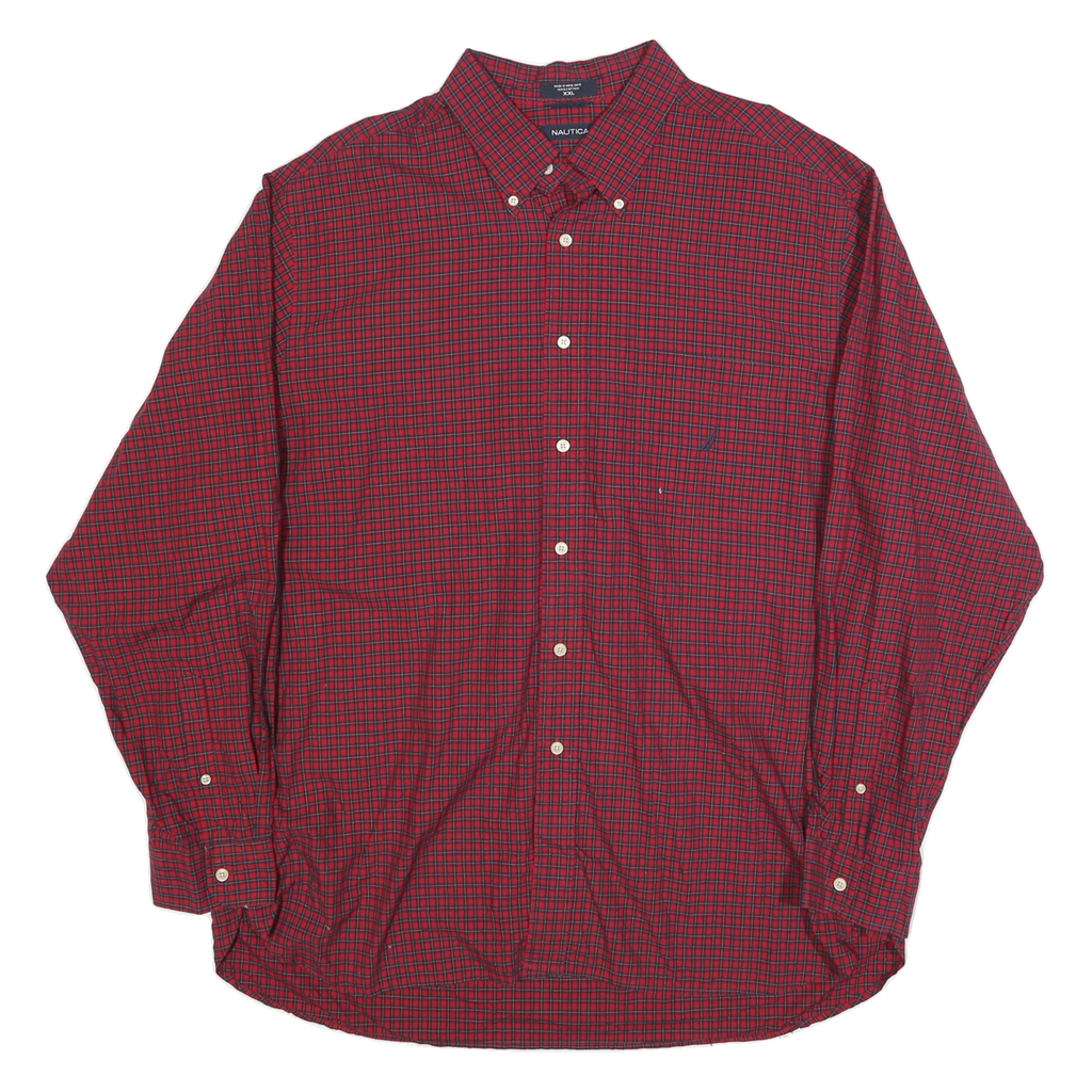 NAUTICA Mens Red & Navy Check Shirt 2XL Classic Button Down Long Sleeve Casual