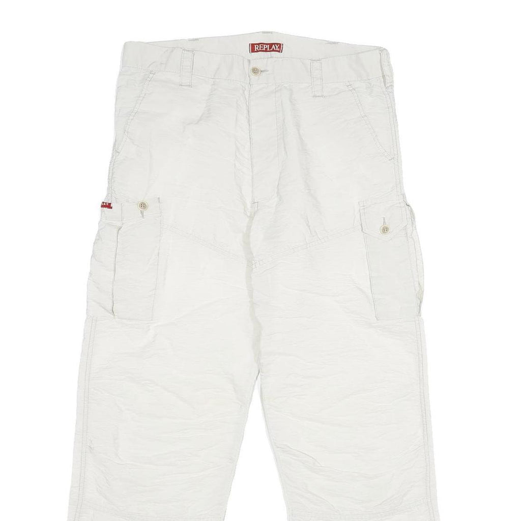 REPLAY Mens Nylon White Regular Cargo Trousers W32 L30 Button Closure