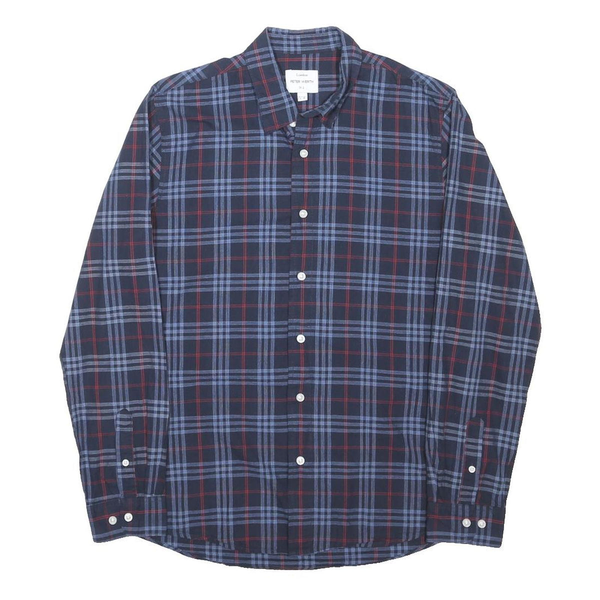 PETER WERTH Mens Blue & Red Check Cotton Blend Shirt L Casual Classic Fit Long