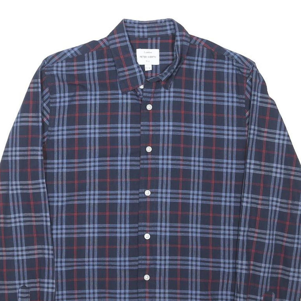 PETER WERTH Mens Blue & Red Check Cotton Blend Shirt L Casual Classic Fit Long