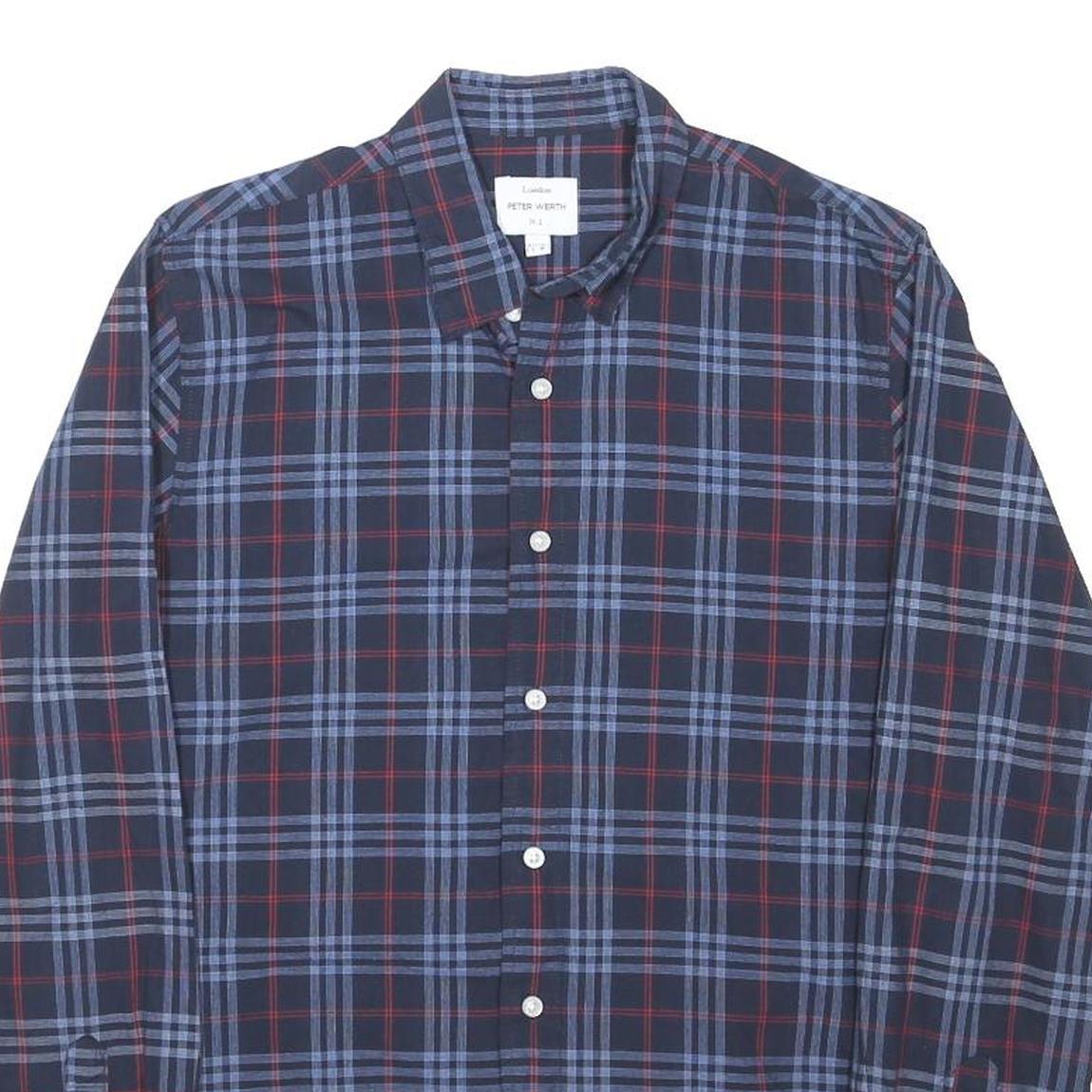 PETER WERTH Mens Blue & Red Check Cotton Blend Shirt L Casual Classic Fit Long